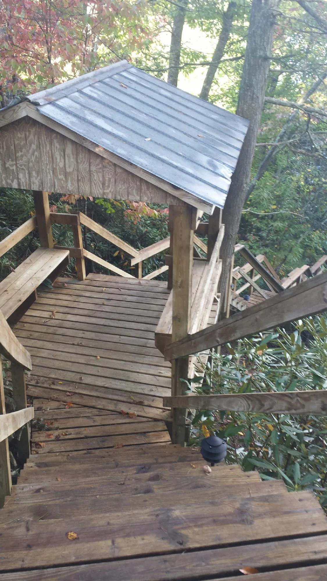 Metal roofed shelter over wooden steps on a wooded walkway — Skylight Repair & Installation work by our crew in Rocky Ridge